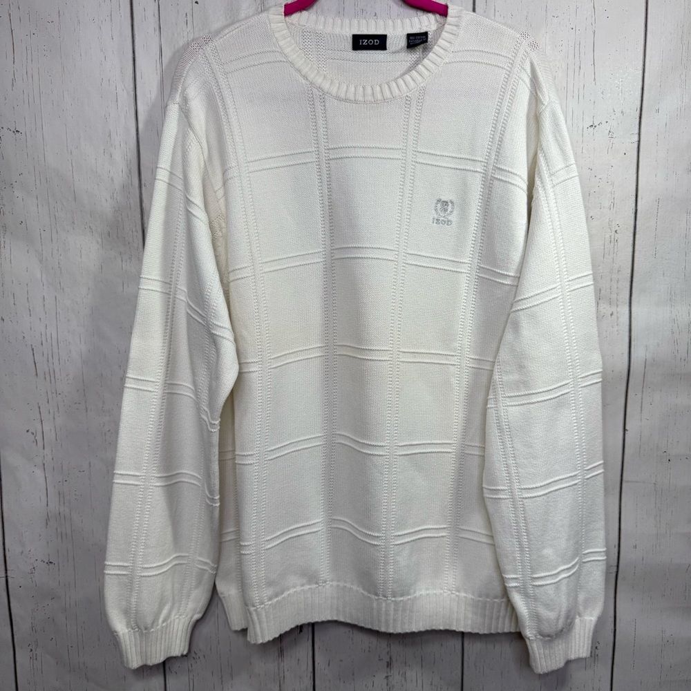 Vintage IZOD White Textured Knit Cotton Sweater XL 90s Preppy Quiet Luxury
